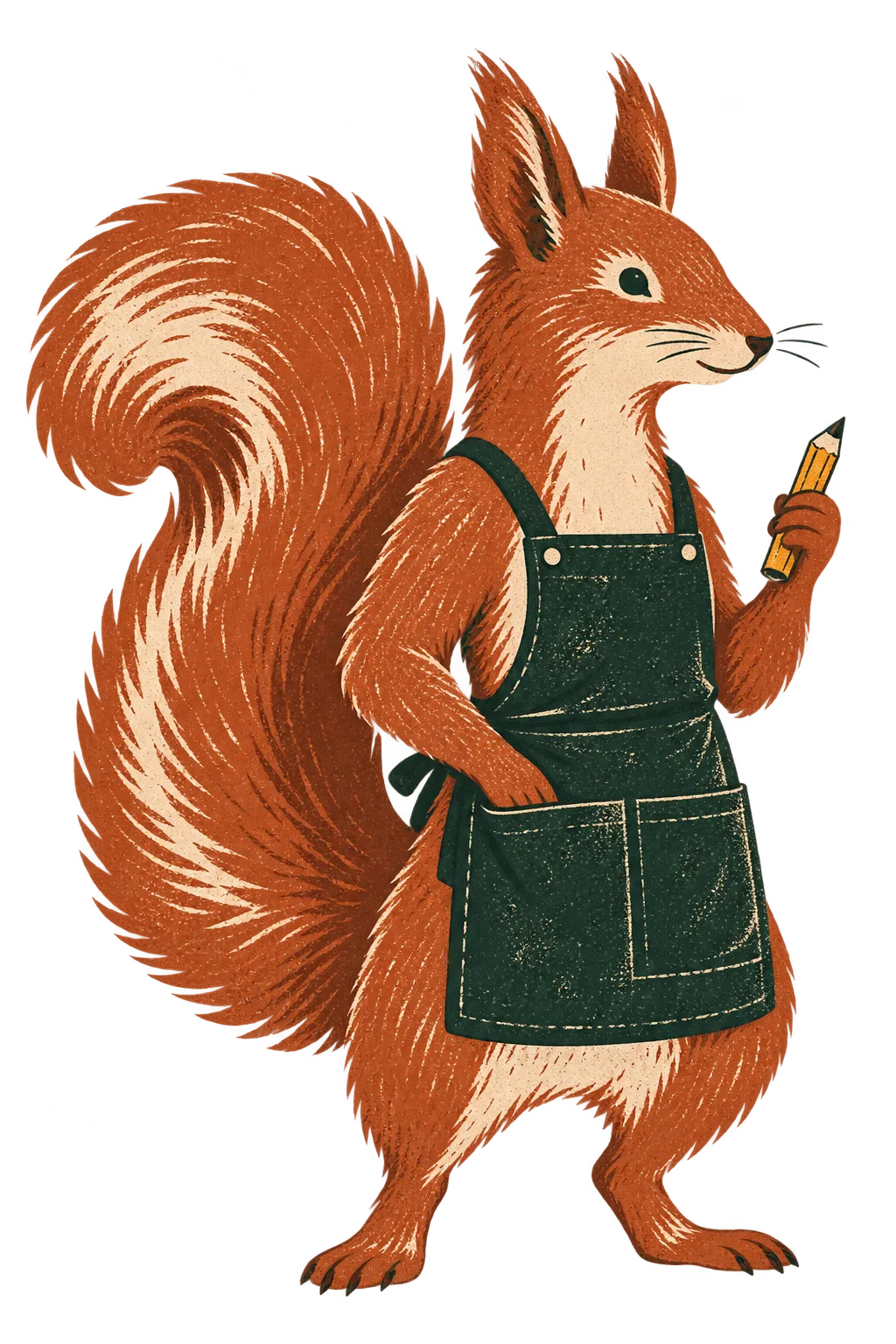 Chippy, a red squirrel in a workshop apron holding a pencil, in a textured print illustration